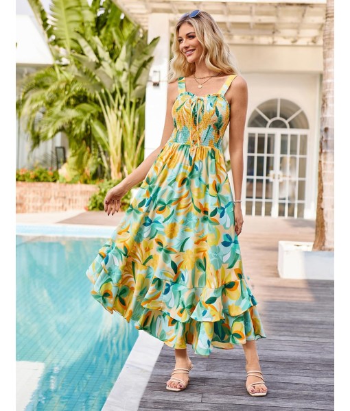 GRACE KARIN Women's 2025 Summer Floral Boho Dress Square Neck Strapped Swing A Line Sundress Beach Long Maxi Outfits