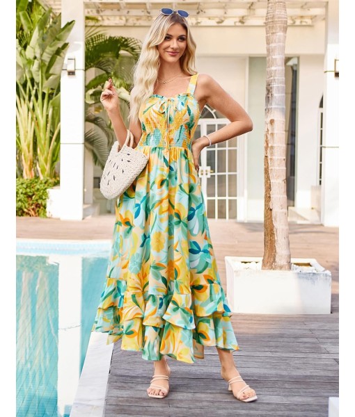 GRACE KARIN Women's 2025 Summer Floral Boho Dress Square Neck Strapped Swing A Line Sundress Beach Long Maxi Outfits