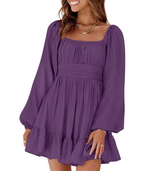 Dokotoo Womens Dress Long Lantern Sleeve Square Neck Tie Backless Sexy Dress Ruffle Elastic Waist A-Line Mini Dress