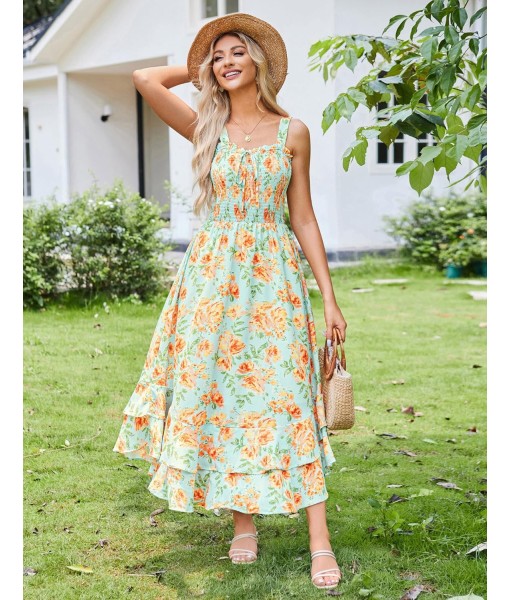 GRACE KARIN Women's 2025 Summer Floral Boho Dress Square Neck Strapped Swing A Line Sundress Beach Long Maxi Outfits