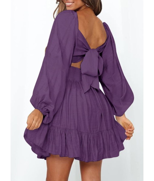 Dokotoo Womens Dress Long Lantern Sleeve Square Neck Tie Backless Sexy Dress Ruffle Elastic Waist A-Line Mini Dress