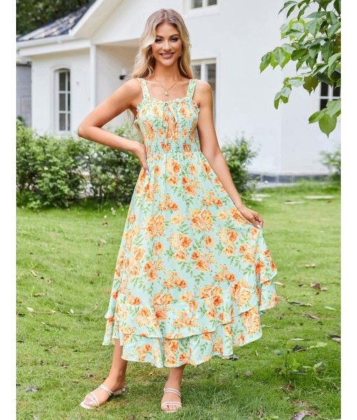 GRACE KARIN Women's 2025 Summer Floral Boho Dress Square Neck Strapped Swing A Line Sundress Beach Long Maxi Outfits