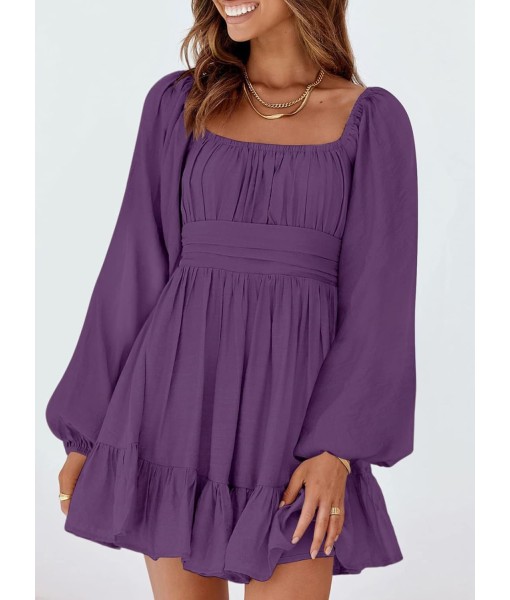 Dokotoo Womens Dress Long Lantern Sleeve Square Neck Tie Backless Sexy Dress Ruffle Elastic Waist A-Line Mini Dress