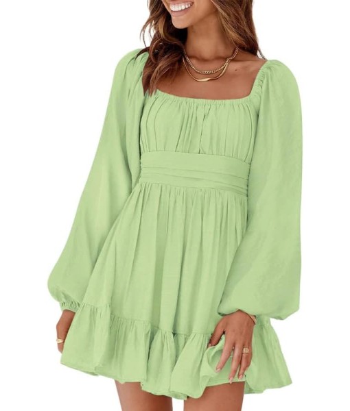 Dokotoo Womens Dress Long Lantern Sleeve Square Neck Tie Backless Sexy Dress Ruffle Elastic Waist A-Line Mini Dress