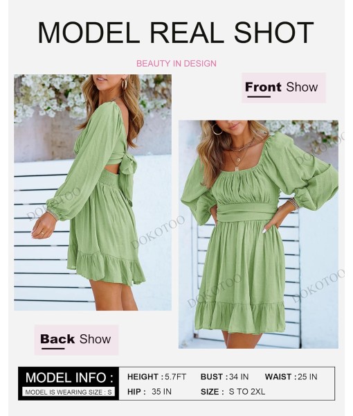 Dokotoo Womens Dress Long Lantern Sleeve Square Neck Tie Backless Sexy Dress Ruffle Elastic Waist A-Line Mini Dress