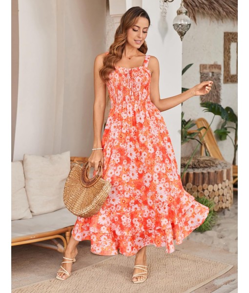 GRACE KARIN Women's 2025 Summer Floral Boho Dress Square Neck Strapped Swing A Line Sundress Beach Long Maxi Outfits