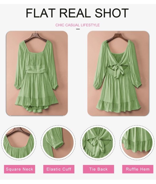 Dokotoo Womens Dress Long Lantern Sleeve Square Neck Tie Backless Sexy Dress Ruffle Elastic Waist A-Line Mini Dress