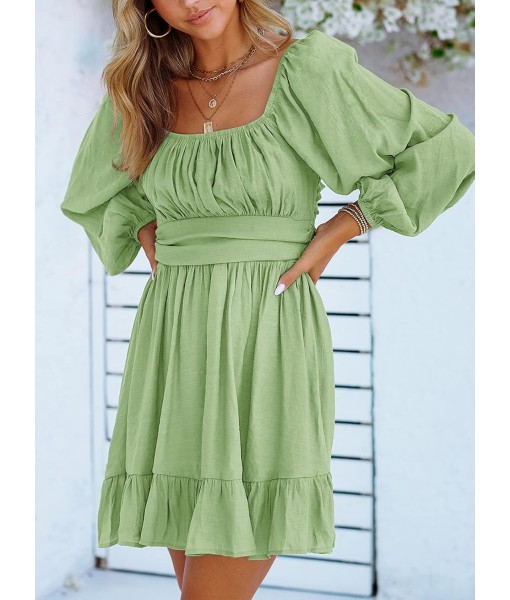 Dokotoo Womens Dress Long Lantern Sleeve Square Neck Tie Backless Sexy Dress Ruffle Elastic Waist A-Line Mini Dress