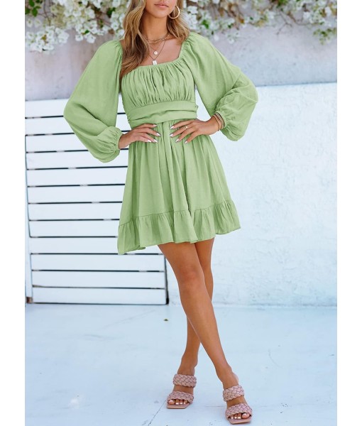 Dokotoo Womens Dress Long Lantern Sleeve Square Neck Tie Backless Sexy Dress Ruffle Elastic Waist A-Line Mini Dress