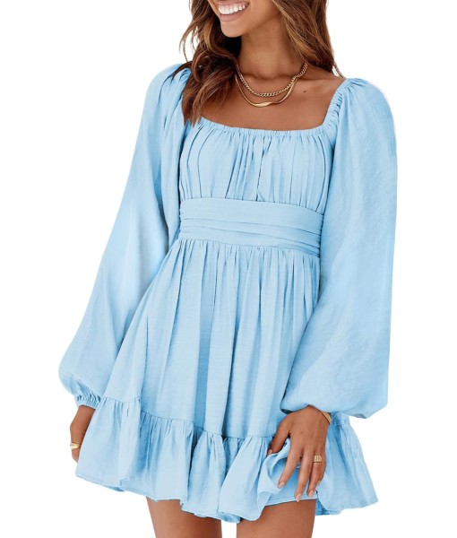 Dokotoo Womens Dress Long Lantern Sleeve Square Neck Tie Backless Sexy Dress Ruffle Elastic Waist A-Line Mini Dress