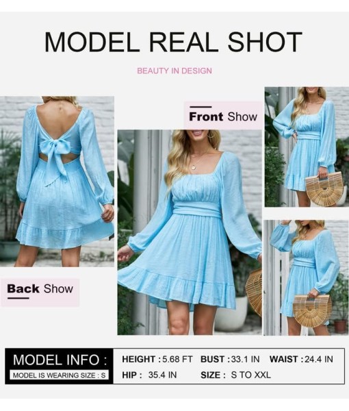 Dokotoo Womens Dress Long Lantern Sleeve Square Neck Tie Backless Sexy Dress Ruffle Elastic Waist A-Line Mini Dress