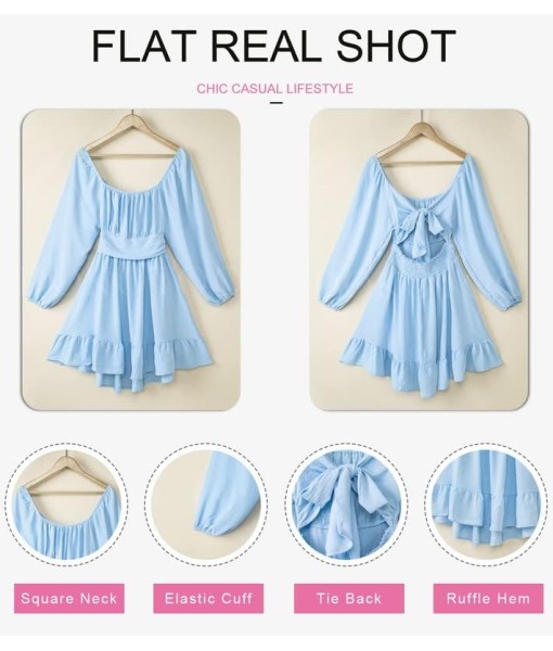 Dokotoo Womens Dress Long Lantern Sleeve Square Neck Tie Backless Sexy Dress Ruffle Elastic Waist A-Line Mini Dress