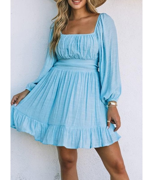 Dokotoo Womens Dress Long Lantern Sleeve Square Neck Tie Backless Sexy Dress Ruffle Elastic Waist A-Line Mini Dress