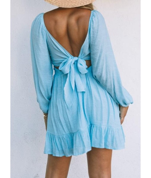 Dokotoo Womens Dress Long Lantern Sleeve Square Neck Tie Backless Sexy Dress Ruffle Elastic Waist A-Line Mini Dress