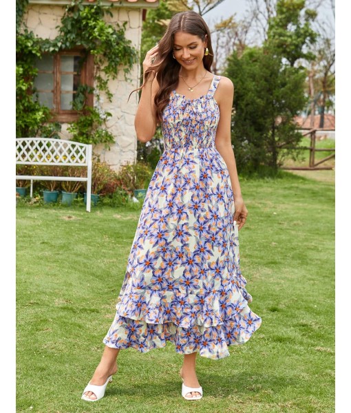 GRACE KARIN Women's 2025 Summer Floral Boho Dress Square Neck Strapped Swing A Line Sundress Beach Long Maxi Outfits