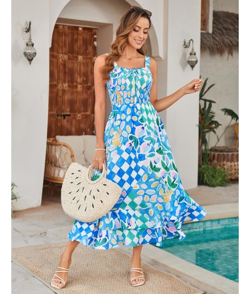 GRACE KARIN Women's 2025 Summer Floral Boho Dress Square Neck Strapped Swing A Line Sundress Beach Long Maxi Outfits
