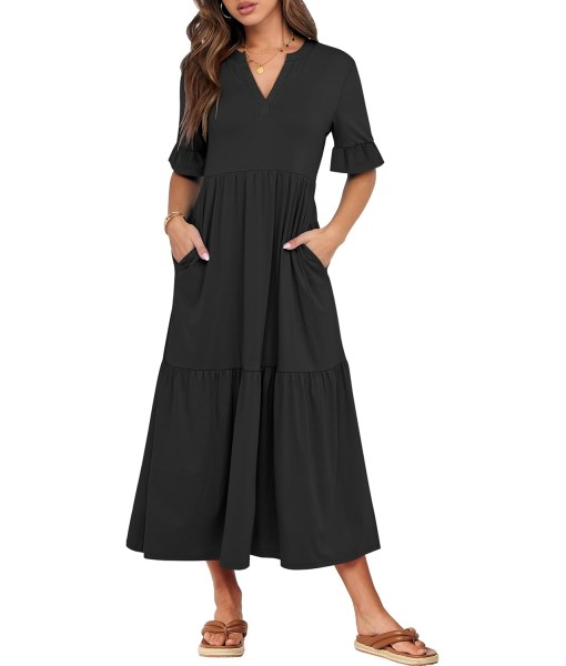ANRABESS Women's Casual Summer Ruffle Short Sleeve T Shirts Maxi Dress 2025 Fall V Neck Flowy Tiered Boho Beach Dresses
