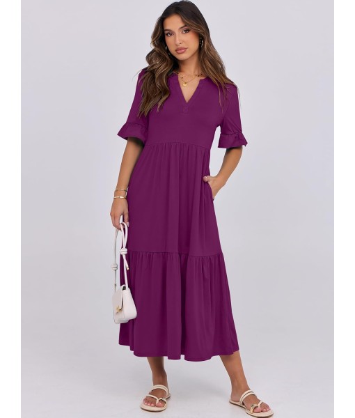 ANRABESS Women's Casual Summer Ruffle Short Sleeve T Shirts Maxi Dress 2025 Fall V Neck Flowy Tiered Boho Beach Dresses