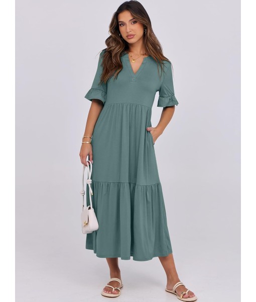ANRABESS Women's Casual Summer Ruffle Short Sleeve T Shirts Maxi Dress 2025 Fall V Neck Flowy Tiered Boho Beach Dresses