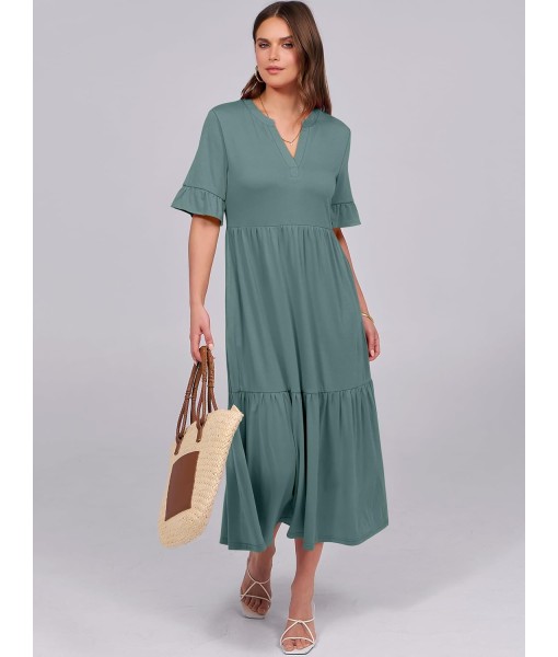 ANRABESS Women's Casual Summer Ruffle Short Sleeve T Shirts Maxi Dress 2025 Fall V Neck Flowy Tiered Boho Beach Dresses