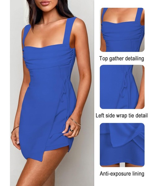 Women's Sexy Ruched Mesh Midi Short Dresses for Women Square Neck Fitted Elegant Club Party Cocktail Dress