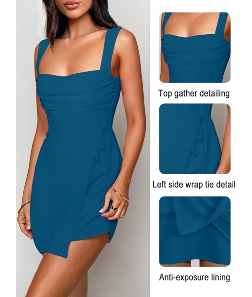 Women's Sexy Ruched Mesh Midi Short Dresses for Women Square Neck Fitted Elegant Club Party Cocktail Dress