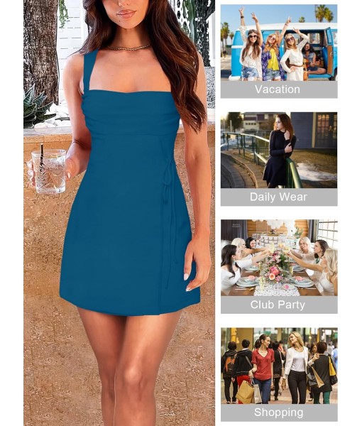Women's Sexy Ruched Mesh Midi Short Dresses for Women Square Neck Fitted Elegant Club Party Cocktail Dress