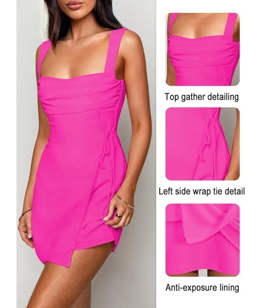 Women's Sexy Ruched Mesh Midi Short Dresses for Women Square Neck Fitted Elegant Club Party Cocktail Dress