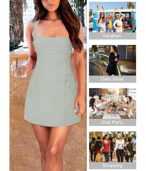 Women's Sexy Ruched Mesh Midi Short Dresses for Women Square Neck Fitted Elegant Club Party Cocktail Dress