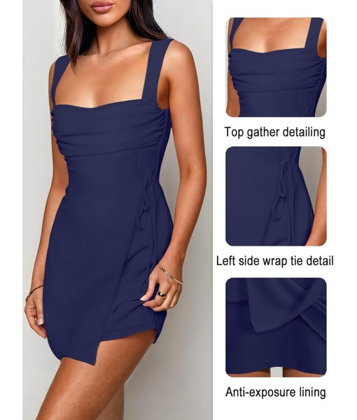 Women's Sexy Ruched Mesh Midi Short Dresses for Women Square Neck Fitted Elegant Club Party Cocktail Dress