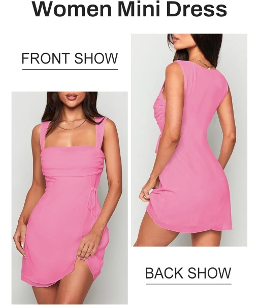 Women's Sexy Ruched Mesh Midi Short Dresses for Women Square Neck Fitted Elegant Club Party Cocktail Dress