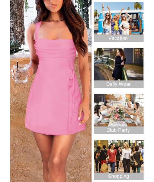 Women's Sexy Ruched Mesh Midi Short Dresses for Women Square Neck Fitted Elegant Club Party Cocktail Dress