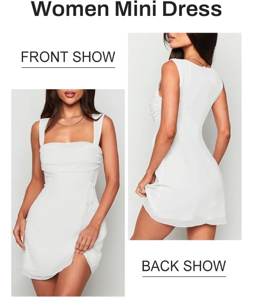 Women's Sexy Ruched Mesh Midi Short Dresses for Women Square Neck Fitted Elegant Club Party Cocktail Dress