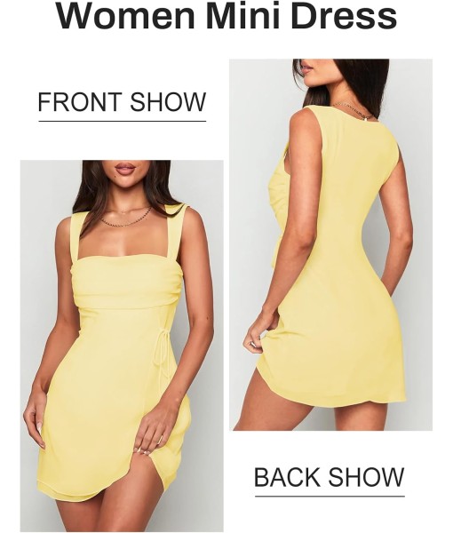 Women's Sexy Ruched Mesh Midi Short Dresses for Women Square Neck Fitted Elegant Club Party Cocktail Dress