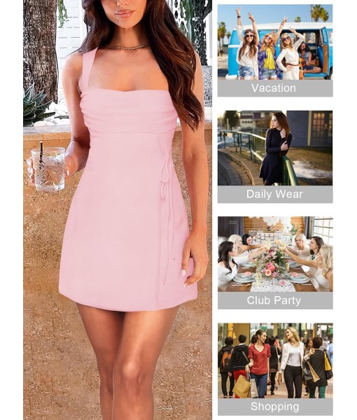 Women's Sexy Ruched Mesh Midi Short Dresses for Women Square Neck Fitted Elegant Club Party Cocktail Dress