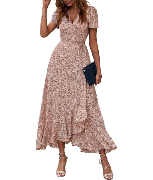 PRETTYGARDEN Women's Summer Maxi Dress Casual Wrap Floral Boho Short Sleeve V Neck Split Ruffle Beach Long Dresses