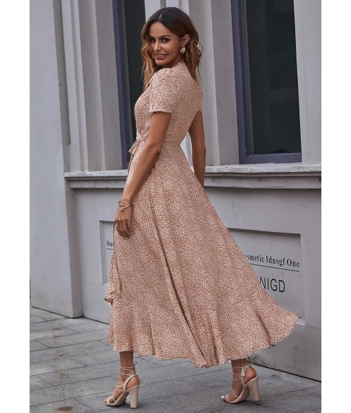 PRETTYGARDEN Women's Summer Maxi Dress Casual Wrap Floral Boho Short Sleeve V Neck Split Ruffle Beach Long Dresses