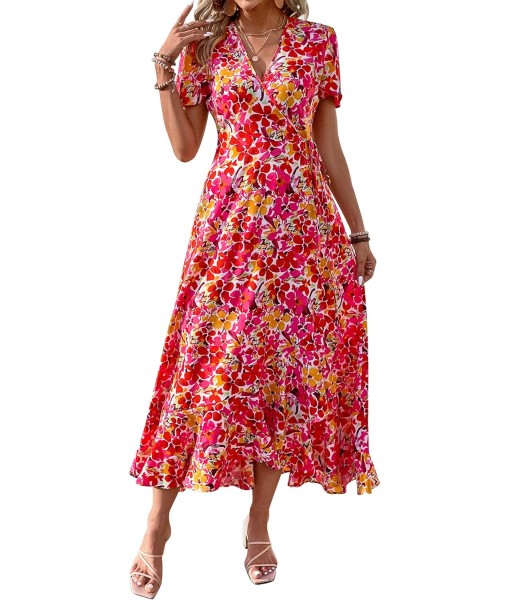 PRETTYGARDEN Women's Summer Maxi Dress Casual Wrap Floral Boho Short Sleeve V Neck Split Ruffle Beach Long Dresses