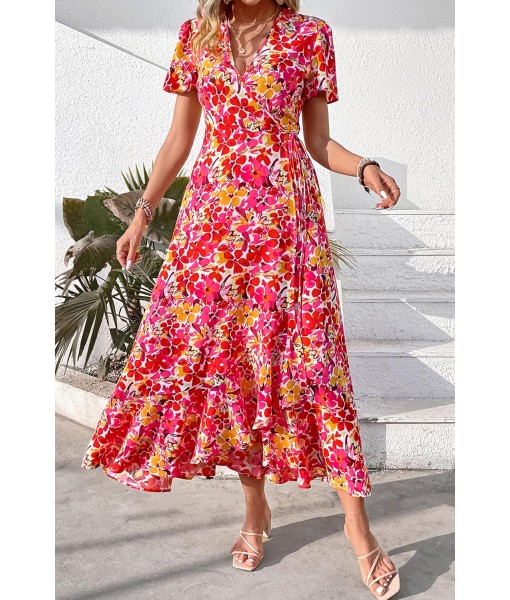 PRETTYGARDEN Women's Summer Maxi Dress Casual Wrap Floral Boho Short Sleeve V Neck Split Ruffle Beach Long Dresses