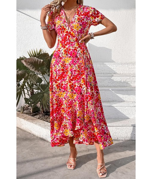 PRETTYGARDEN Women's Summer Maxi Dress Casual Wrap Floral Boho Short Sleeve V Neck Split Ruffle Beach Long Dresses