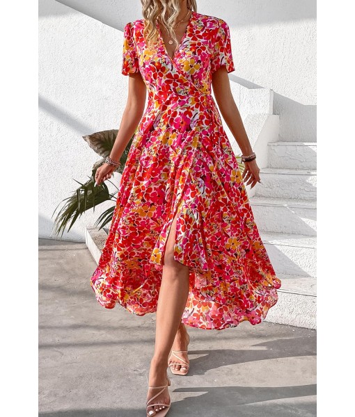PRETTYGARDEN Women's Summer Maxi Dress Casual Wrap Floral Boho Short Sleeve V Neck Split Ruffle Beach Long Dresses