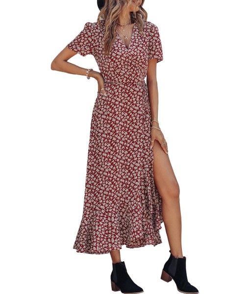 PRETTYGARDEN Women's Summer Maxi Dress Casual Wrap Floral Boho Short Sleeve V Neck Split Ruffle Beach Long Dresses