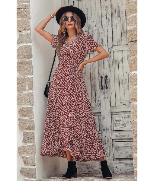 PRETTYGARDEN Women's Summer Maxi Dress Casual Wrap Floral Boho Short Sleeve V Neck Split Ruffle Beach Long Dresses