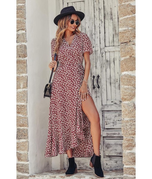 PRETTYGARDEN Women's Summer Maxi Dress Casual Wrap Floral Boho Short Sleeve V Neck Split Ruffle Beach Long Dresses