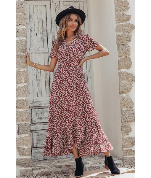 PRETTYGARDEN Women's Summer Maxi Dress Casual Wrap Floral Boho Short Sleeve V Neck Split Ruffle Beach Long Dresses
