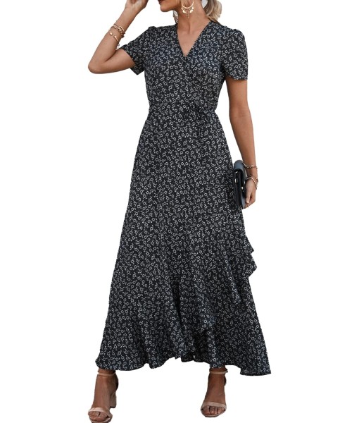 PRETTYGARDEN Women's Summer Maxi Dress Casual Wrap Floral Boho Short Sleeve V Neck Split Ruffle Beach Long Dresses