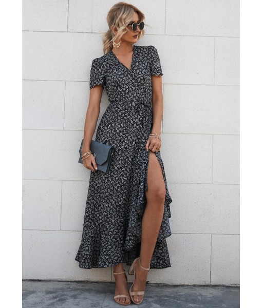 PRETTYGARDEN Women's Summer Maxi Dress Casual Wrap Floral Boho Short Sleeve V Neck Split Ruffle Beach Long Dresses