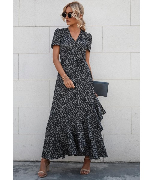 PRETTYGARDEN Women's Summer Maxi Dress Casual Wrap Floral Boho Short Sleeve V Neck Split Ruffle Beach Long Dresses
