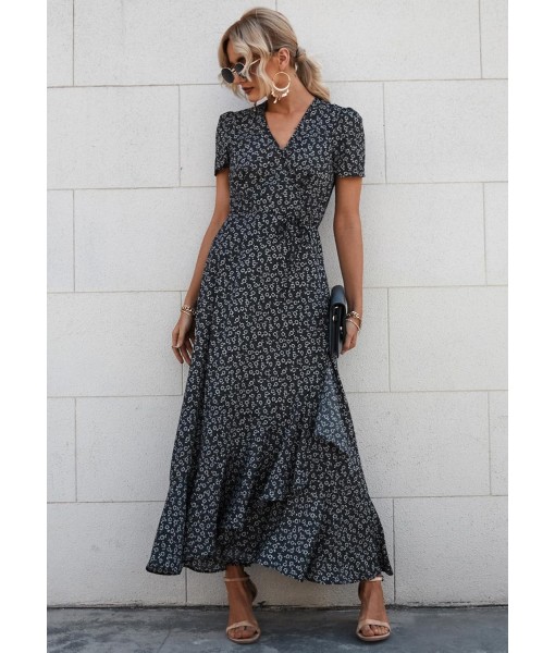 PRETTYGARDEN Women's Summer Maxi Dress Casual Wrap Floral Boho Short Sleeve V Neck Split Ruffle Beach Long Dresses