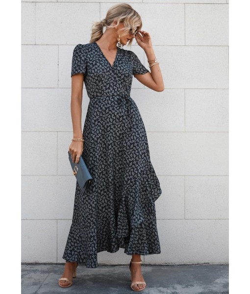 PRETTYGARDEN Women's Summer Maxi Dress Casual Wrap Floral Boho Short Sleeve V Neck Split Ruffle Beach Long Dresses